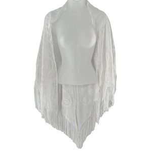 Vintage Womens Lace Shawl Scarf Made Japan White Polyester Floral Paisley Fringe